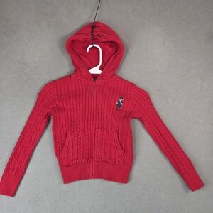 Polo Ralph Lauren Sweater Boys 6 Red Polo Bear Cable Knit Full Zip Hoodie Kids